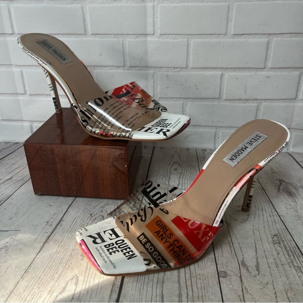 Vintage Steve Madden Y2K Size 10 Newspaper News Print Heels Clear Slide Shoes - Picture 2 of 16
